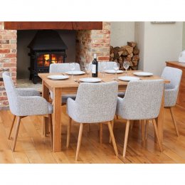 Mobel Solid Oak Large Dining Table and Six Light Grey Chairs